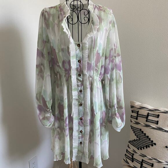 Avantlook Lantern Sleeve Pleated Ruffle Mini Dress Pastel Watercolor NEW Medium - Picture 4 of 11